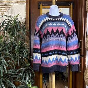 Vintage 80s Hand Knit Fair Isle Sweater Womens L Multicolor Nordic Geometric Ski